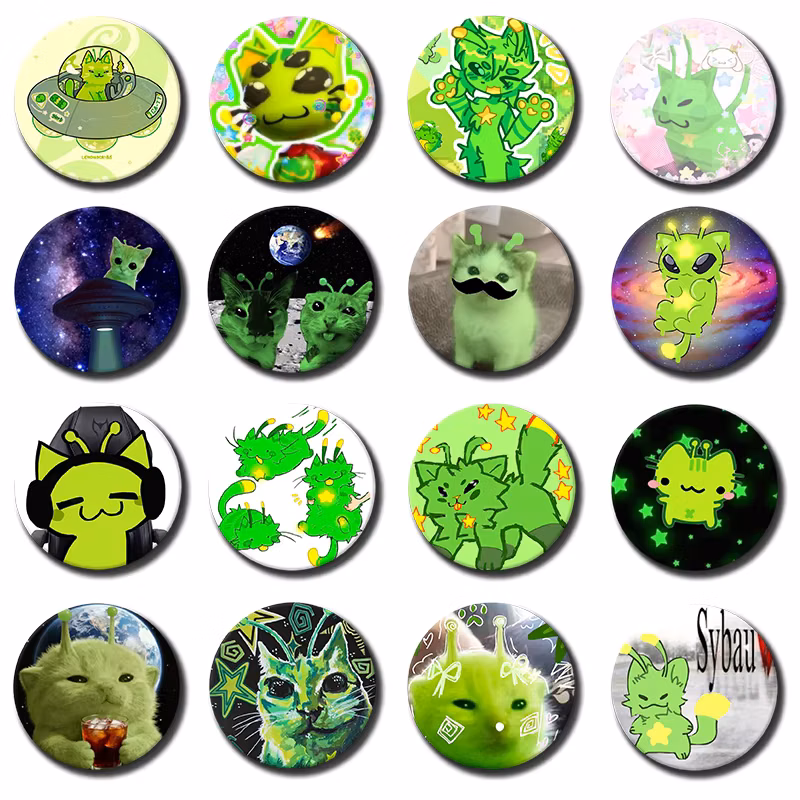 Funny Green Alien Cat Coin Badge Creative Cute Cartoon Animal Round Brooch Backpack Lapel Pins Accessories Toys Gift