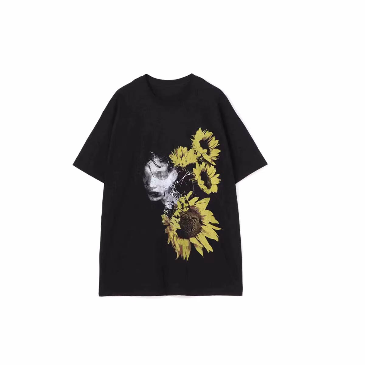 YAMAMOTO-Style T-shirt , Dark Theme 22SS "Sunflower Girl" Pattern Printed,100% Cotton Loose Short-Sleeved