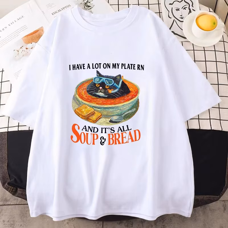 Soup and Bread Graphic Print Short Sleeve T-Shirt Unisex Funny Summer Casual O-Neck Tee Top Mens Womens Apparel