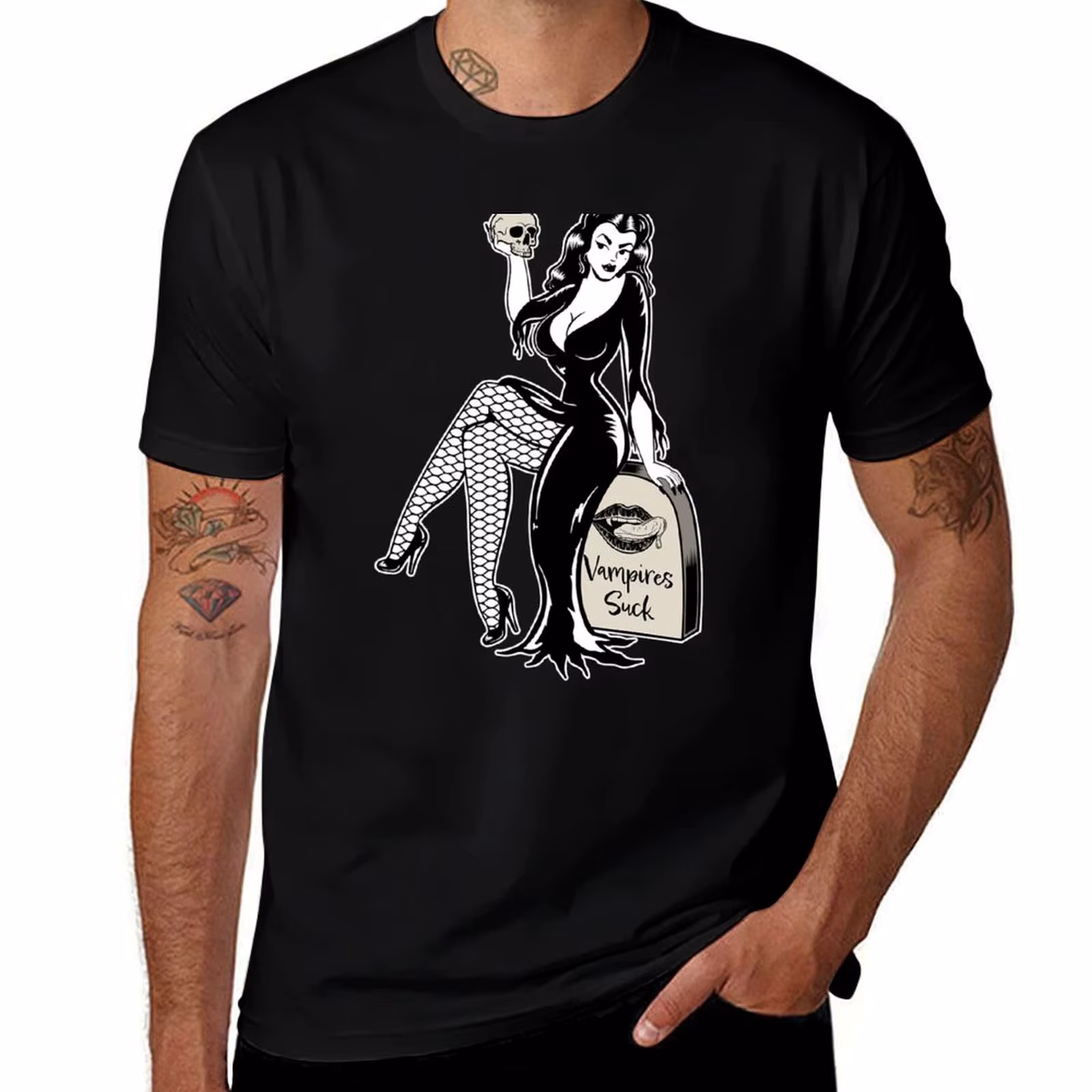 Gothabilly Retro Pinup Girl Vampires Suck T-Shirt Functional Casual Short Sleeve Tee T-Shirt