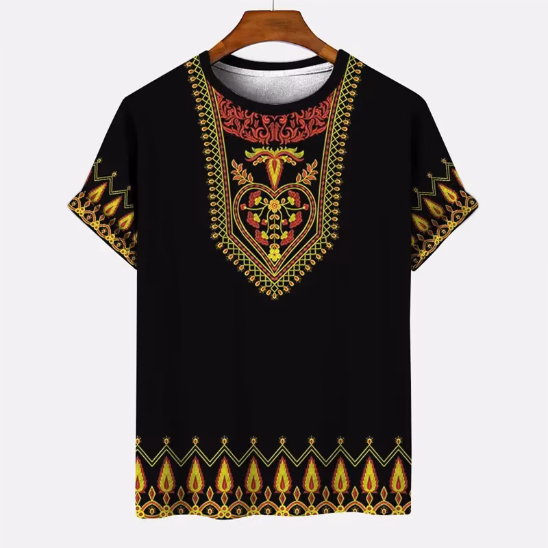 Summer Men's Vintage T-shirt African Tradition Stripe Printed T Shirts Casual O-Neck Short Sleeve Tees Street Fashion