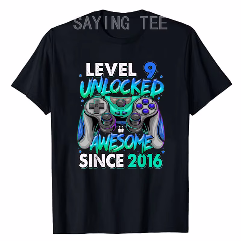 Level 9 Unlocked Awesome Since 2016 9th Birthday Gaming Kids T-Shirt Gifts Funny Video Gamer Controller Graphic Tops