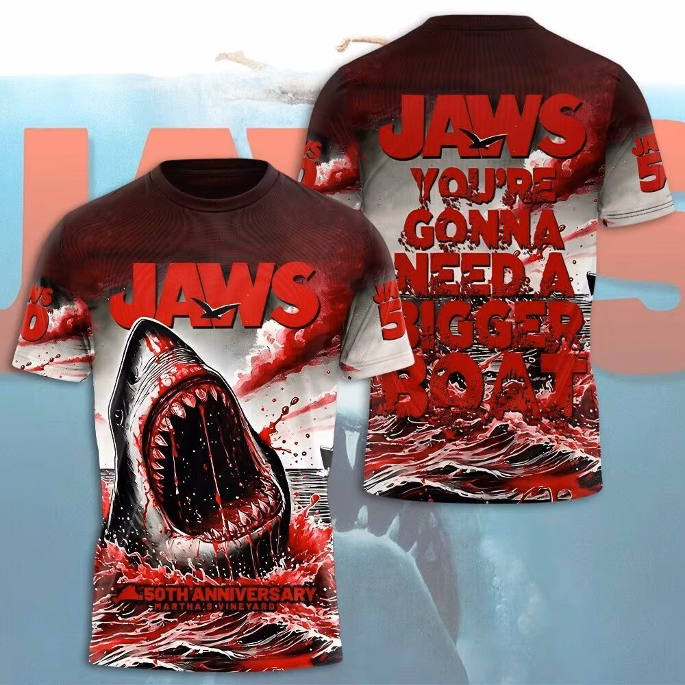 Jaws 3D print 50th anniversary commemorative men's T-shirt summer casual round neck short sleeved breathable sports