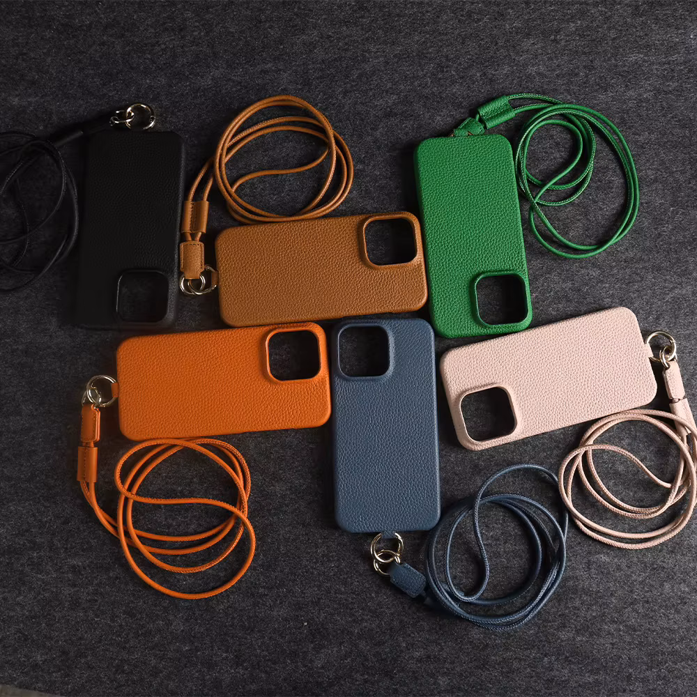 Classic Lichee Pattern Genuine Leather Phone Case For iPhone 16 Pro Max 15 Pro 14 Plus 13 Series With Detachable Long