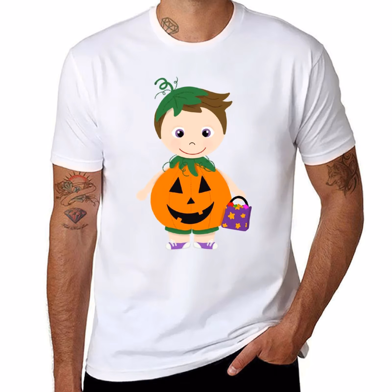 Pumpkin Costume Boy Light Skin Brown Hair T-Shirt t shirt custom print funny t shirts dark humor T-Shirt