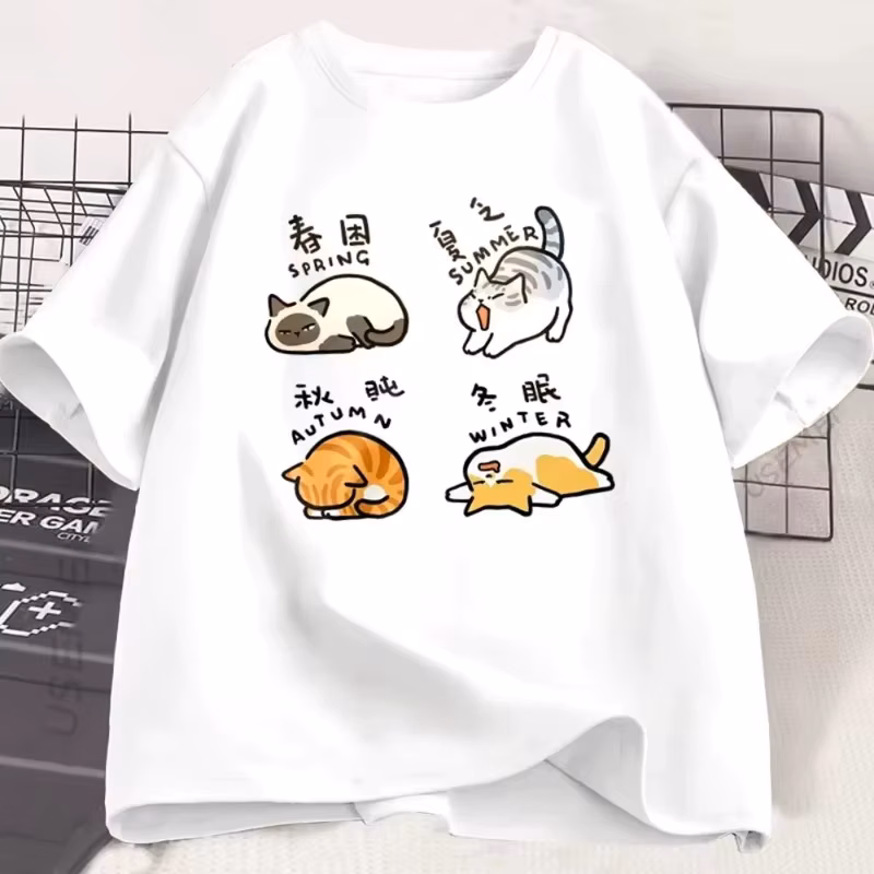 Funny Lazy Cat Print T-Shirt Men Women Cat Lover Graphic Tee Loose Short Sleeve Casual Fashion Cotton Tops