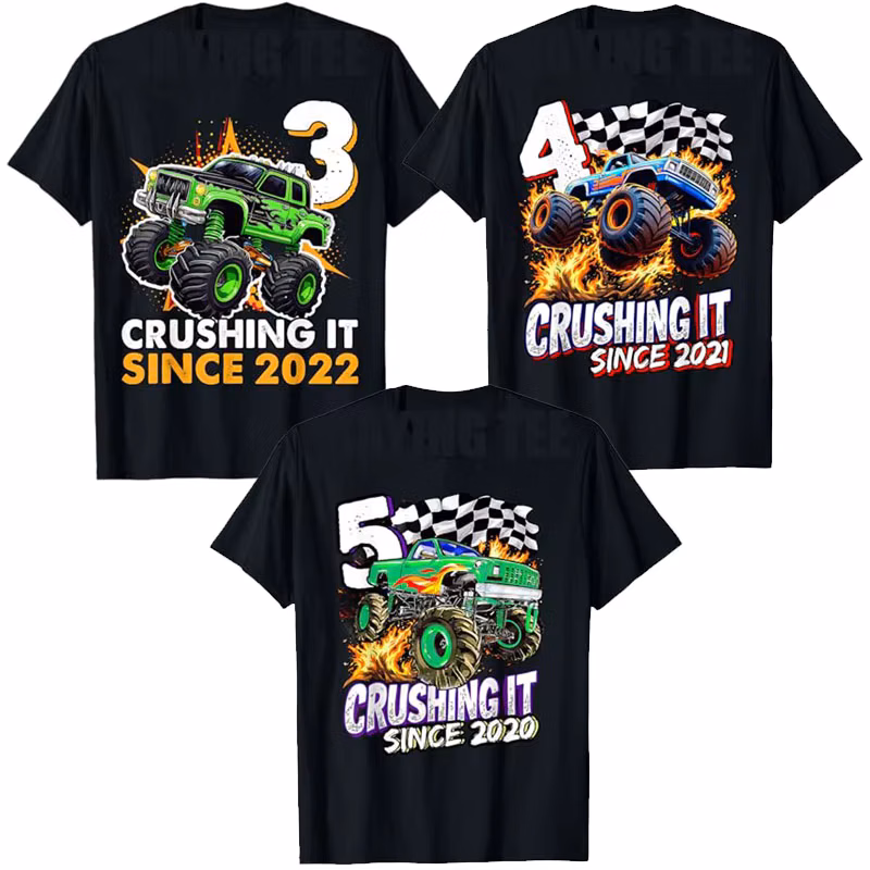 3 Year Old Crushing It 2022 Boys Monster Truck 3rd Birthday T-Shirt Born in 2021 4th Birthday Saying Tee 5th Party