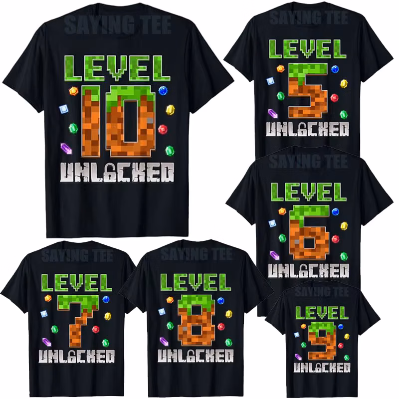 Birthday Boy Level 10,9,8,7,6,5 Unlocked 5th, 6th, 7th, 8th, 9th, 10th Birthday Game Pixel T-Shirt Boys Fashion B-day