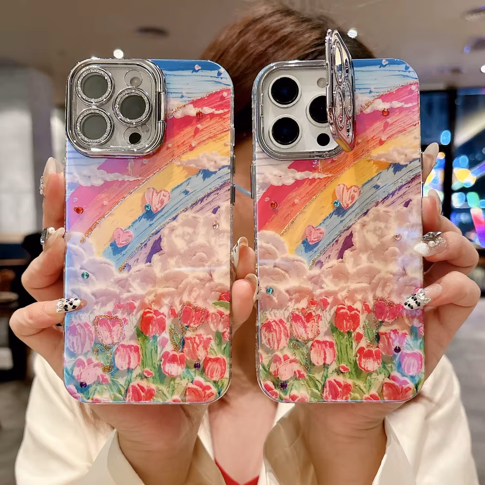Fashion Oil Rainbow Printing Phone Case For iPhone 16 Pro Max 15 Plus 14 Pro 13 Series With Lens Protection(Not 3D