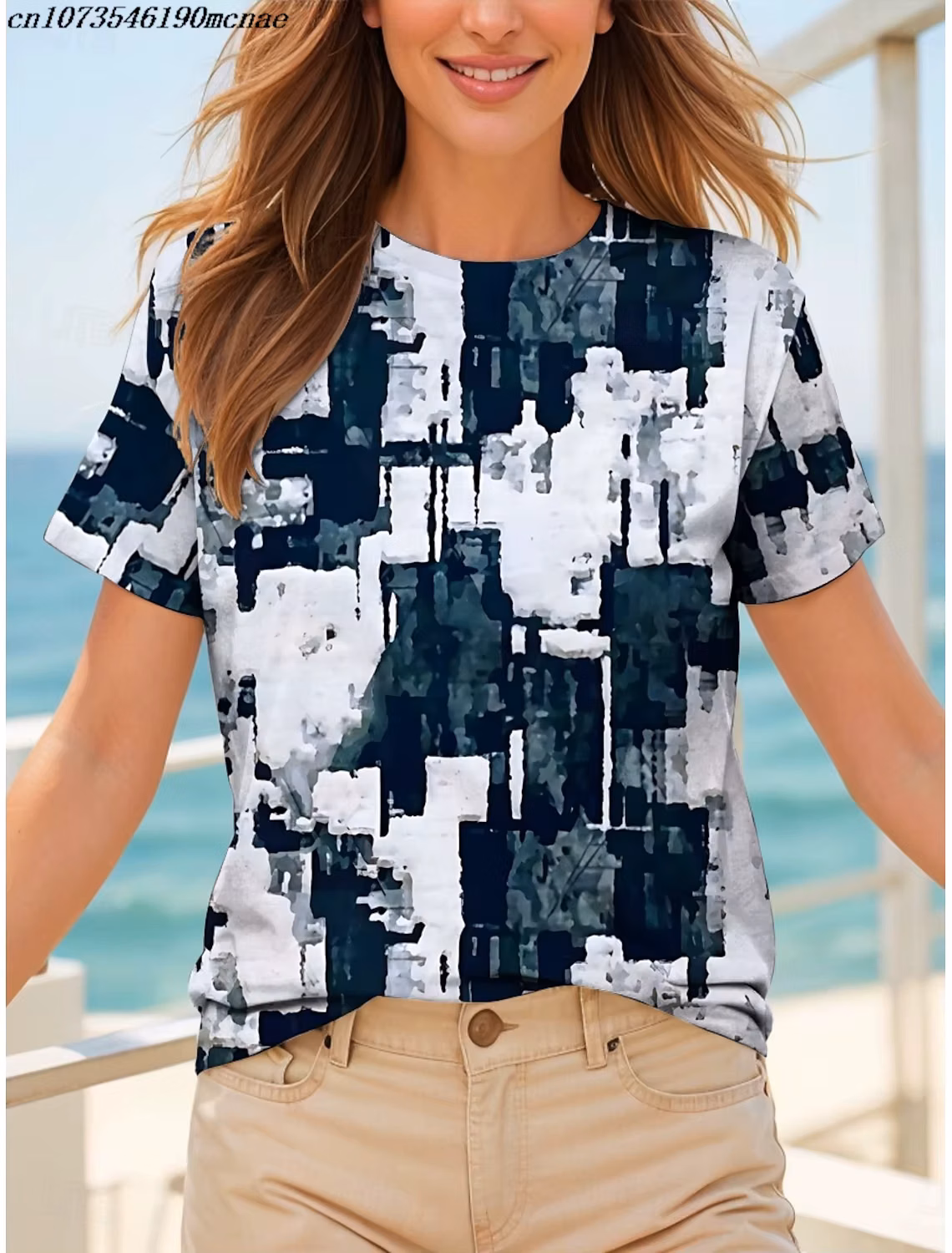Summer fashion women's T-shirt pattern geometric retro men's classic short sleeved round neck T-shirt round neck