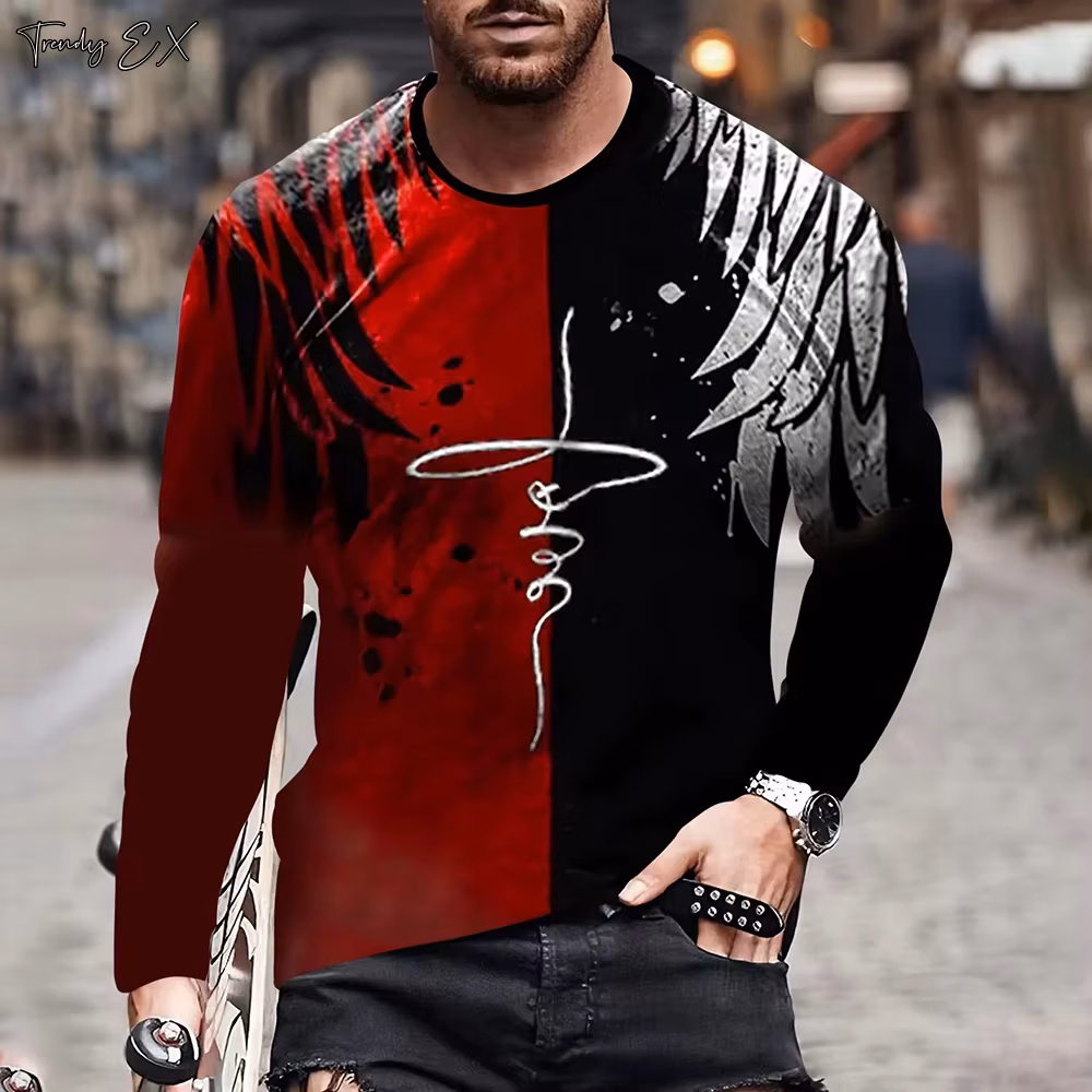 Men's T-Shirts Vintage Patchwork Print Fashion Streetwear O-Neck Graphic T Shirts Tops Casual Sport Long Sleeve Gym