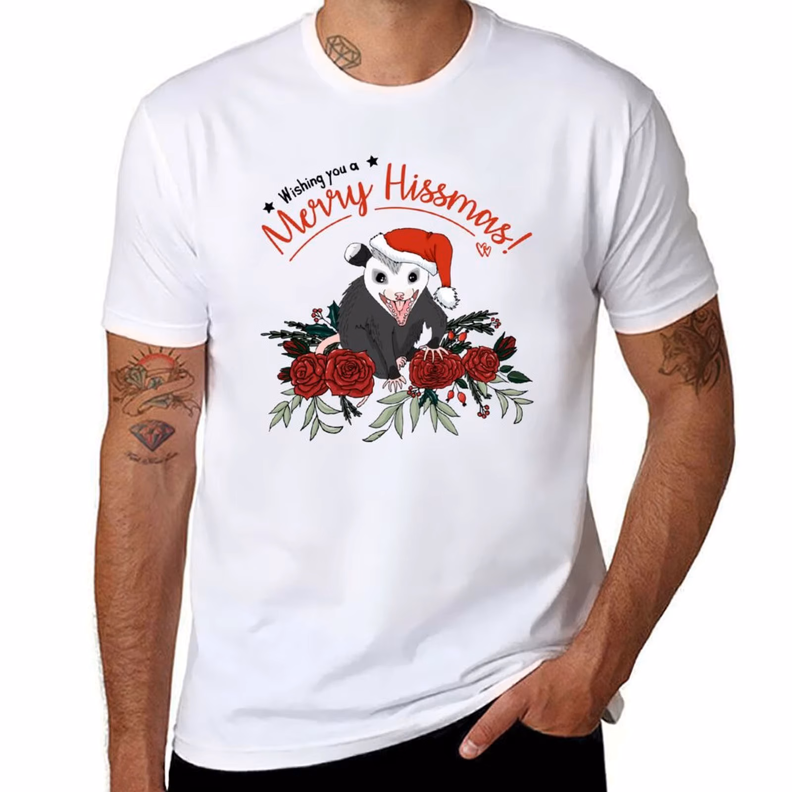 Merry Hissmas - floral christmas themed possum baby T-Shirt anime t shirts oversize t shirt man plain T-Shirt
