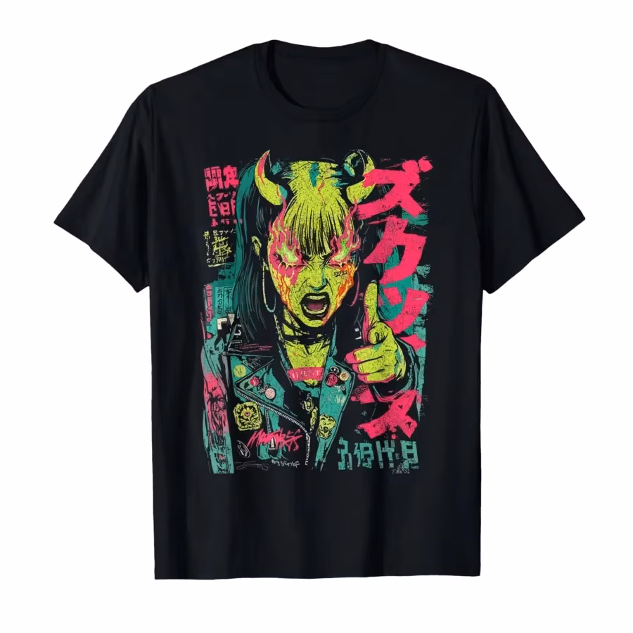 Japanese Streetwear Horror Gothic Girl Cyberpunk Y2K Anime T-shirt For Men Women 100% Cotton T Shirts Short Sleeve Tops