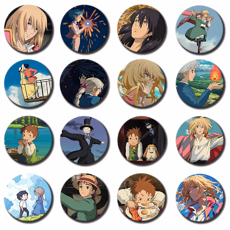 58mm Anime Icons Brooches H-Howl's Moving Castle Badge for Backpack Accessories Howell Jenkins,Sophie,CalciferCartoon