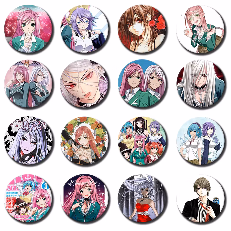 Rosario + Vampire Badge Round Anime Lapel Pins Ura Moka,Akashiya Moka,Aono Tsukune Cartoon Brooches for Backpack