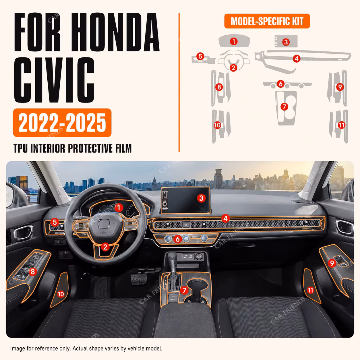 For Honda 11th Civic Hybrid 2022-2025 Transparent TPU Interior Protective Film Dashboard Screen Center Console