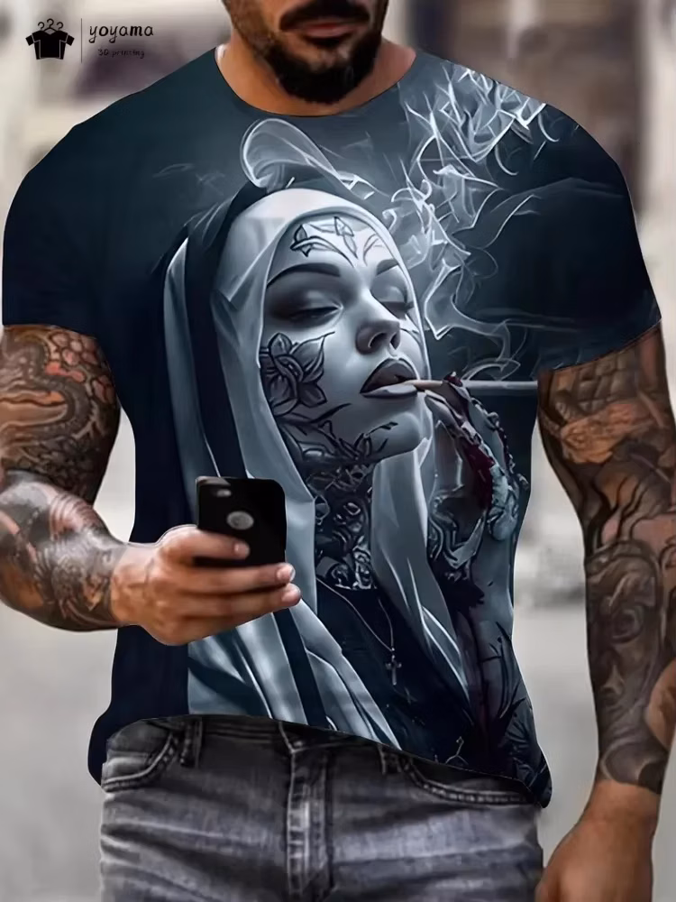 Men's with Smoking Nun 3D Graphic T-Shirt Black Casual Summer Tee Short Sleeves Polyester Streetwear T-Shirts Vintage