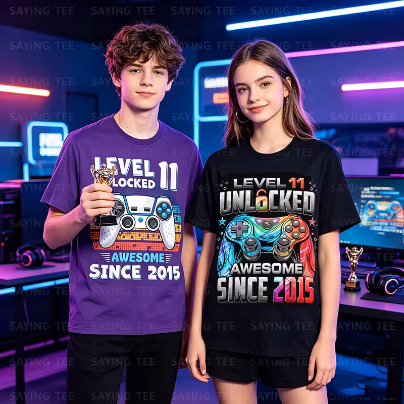 Level 11 Unlocked Awesome Since 2015 11th Birthday Gaming T-Shirt Boys Fashion 11 Year Old BDay Decorations Saying Tee