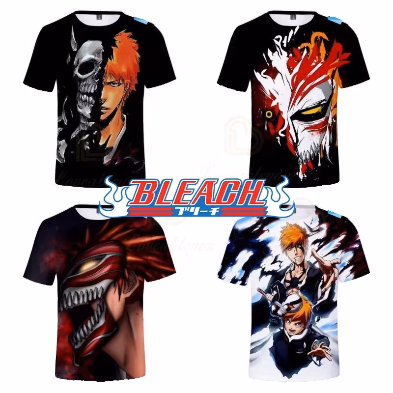 Anime T-shirts Bleach Kurosaki Ichigo Cosplay 3d Print T Shirt Kid Tees Tops Short Sleeve O-Neck 3D Summer Clothes 4-14T