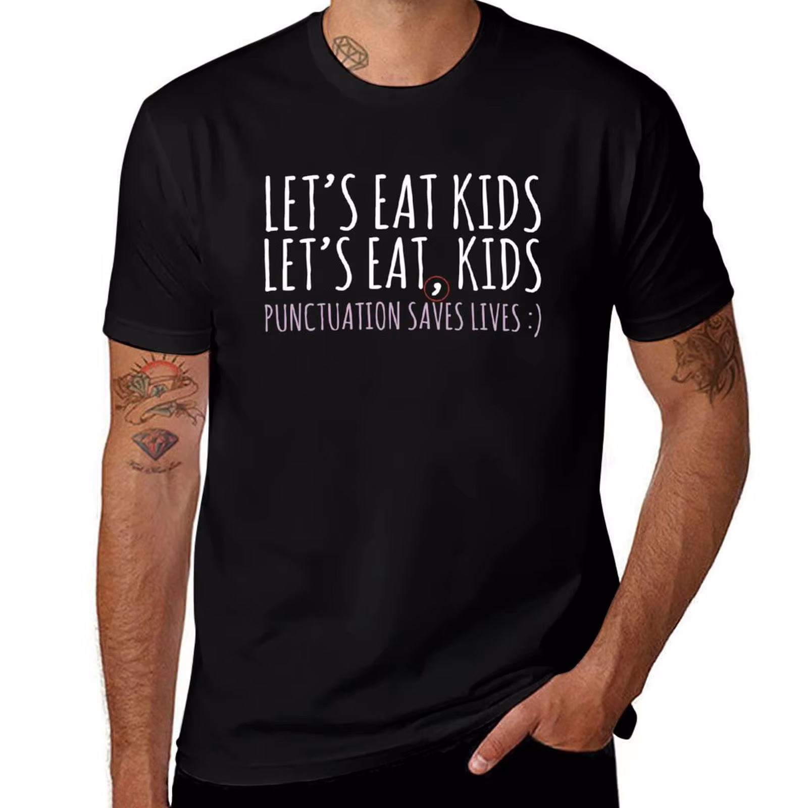 Punctuation saves lives Lets eat kids Funny English grammar about commas T-Shirt Art Pattern Printed Casual Top T-Shirt