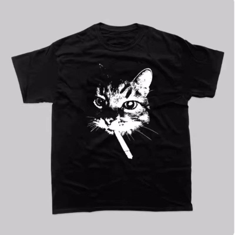 Smoking Cat T Shirt 2026 New Funny Animal Graphic 100% Cotton Men Women Unisex Oversized Heavyweight Vintage American