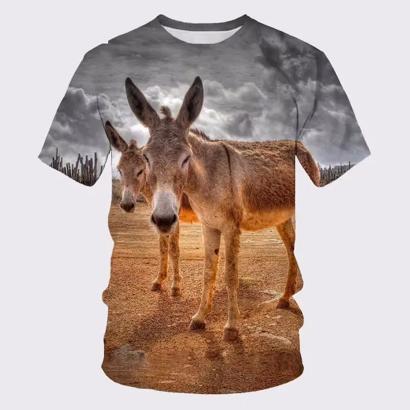 New Fun Retro Donkey 3D Printed Men's Children's T-shirt Cute Animal Breathable Lightweight Summer Sports Top Short