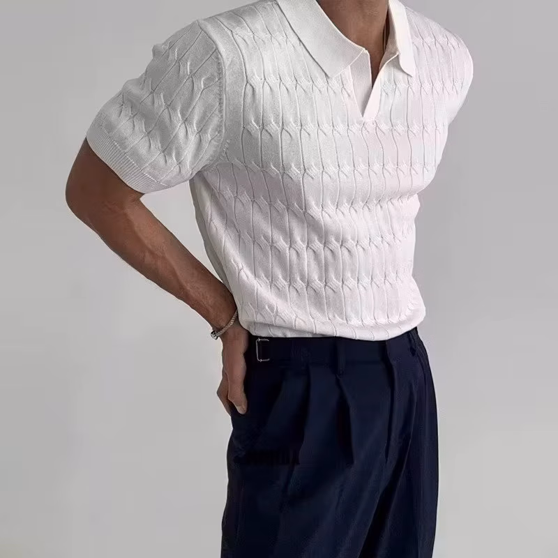 Summer Short Sleeve T-Shirt Sexy V-Neck Knitted Men's Polo Shirt Slim Fit Lapel Knitted Short Sleeve
