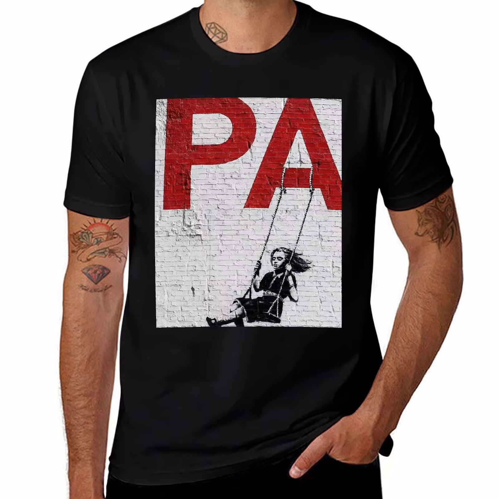 Banksy Swinging Girl T-Shirt Large Size Casual Short Sleeve Top T-Shirt