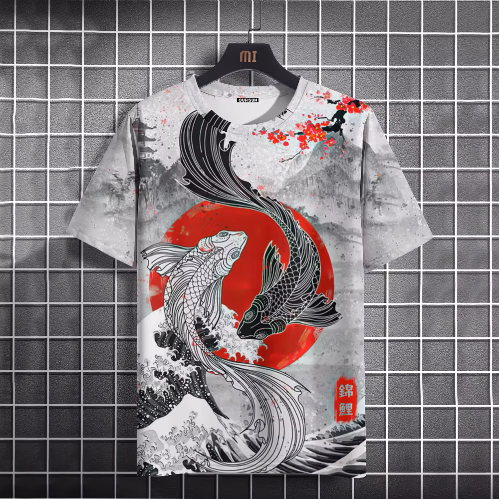 Funny 3D Fish Pattern Men's T Shirt Japan Ukiyo-e Style Short Sleeve Summer Casual O-neck Loose Tops Fashion Animal