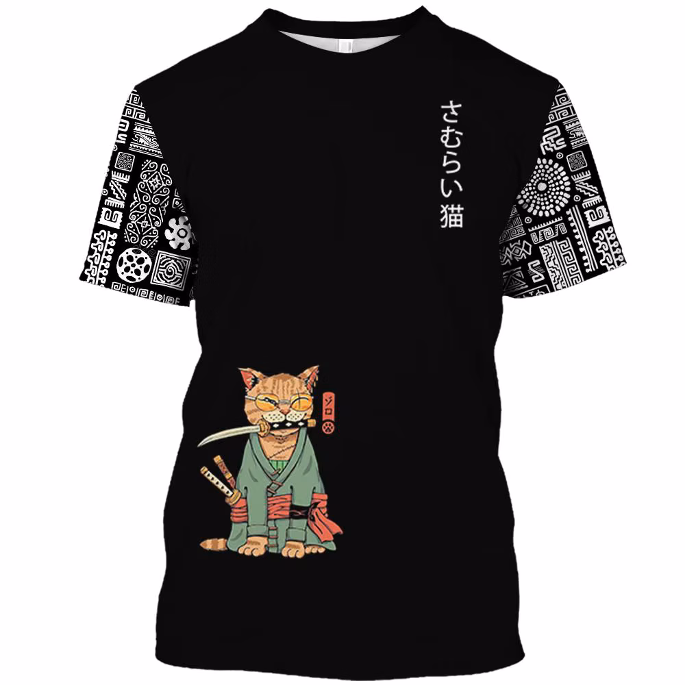 Japanese Samurai Cat Print T Shirt For Men Casual Simplicity O-neck Short Sleeve Fashion Trend Harajuku Streetwear
