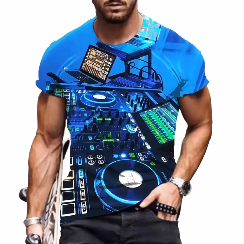 2026 3D Printed Stage DJ Keyboard T-Shirt Short Sleeve Casual Party Reunion Tee with Round Neck and