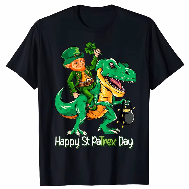 St Patricks Day Leprechaun Riding Dinosaur Gift Kids Boys T-Shirt Gifts Family St Patricks Party Outfits Cute Graphic