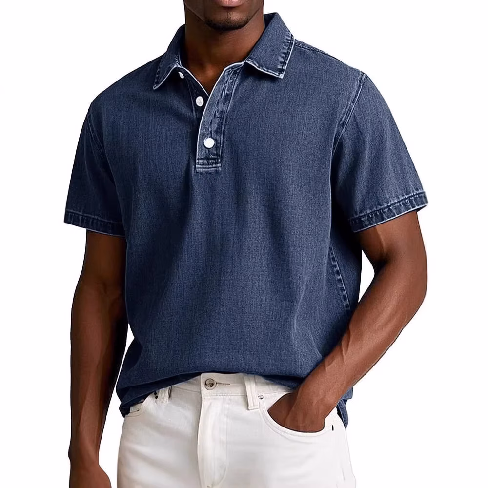 2025 New Men's Fashion Solid Color Retro Short-sleeved Lapel Polo Shirt