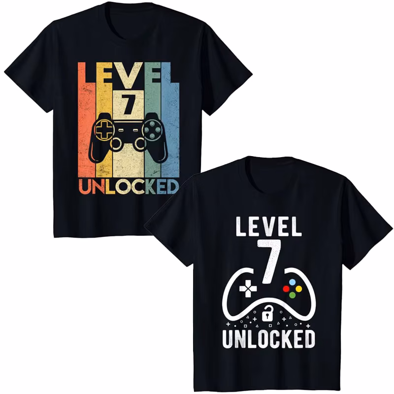 Level 7 Unlocked Video Game 7th Birthday Gift T-Shirt Funny Gamer 7 Year Old Sons Birthday Present Boys Fashion Graphic