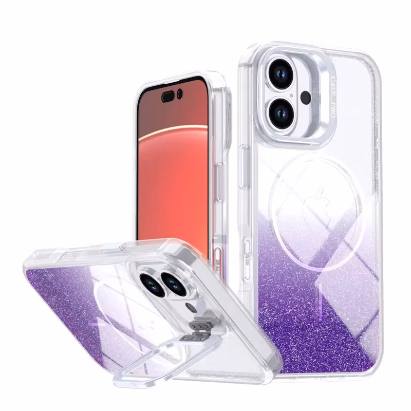 Cute Gradient Glitter Phone Case for iPhone Air 17 16 15 14 13 12 Pro Max with Back Lens Stand and Support Magnetic