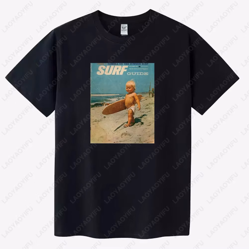 Boy Surfing Vintage Poster Graphic T Shirts Summer Man Holiday Cotton T-shirt Fashion Casual Funny Short-sleev