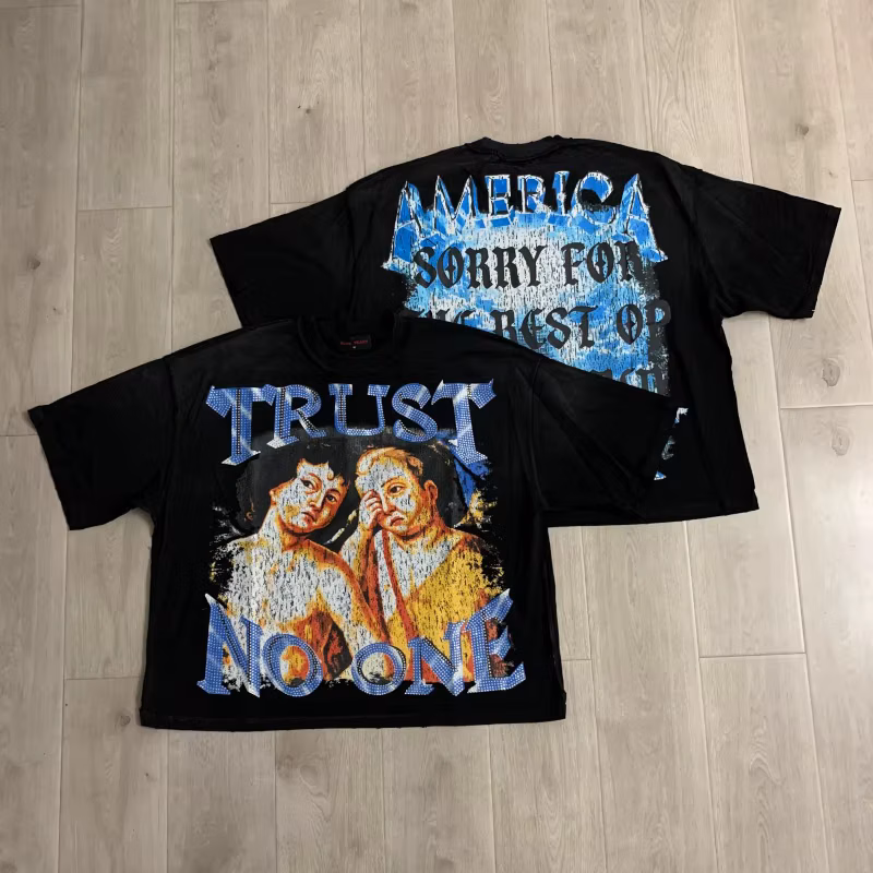 Rare Peace Trust No One Blue Baby High-Quality 100% Cotton Fashionable Oversized Loose-Fit Rhinestone Short-Sleeve