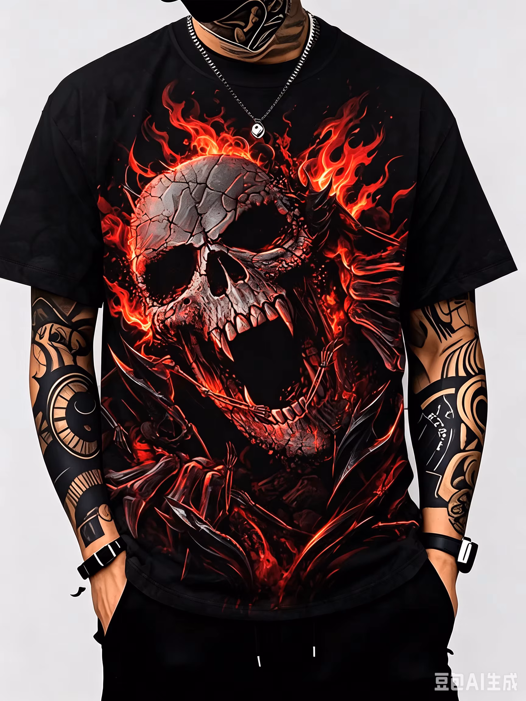 Dark Skull Skeleton Graphic T-Shirt, Black Grey Horror Bone Print Short Sleeve Tee, Cool Gothic Streetwear Casual Top