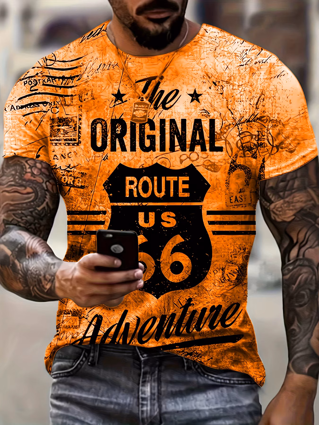 Retro The Original Route 66 Adventure Tee, Distressed Vintage Stamp Graphic Short Sleeve Crew Neck T-Shirt For Men