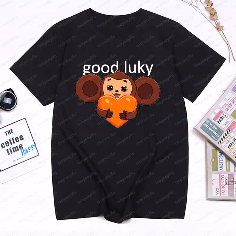 Funny Russia Cartoon Cheburashka Baby Crocodile T Shirt Kawaii O-neck Big-eyed Monkey Pattern Printed T-shirt Tops