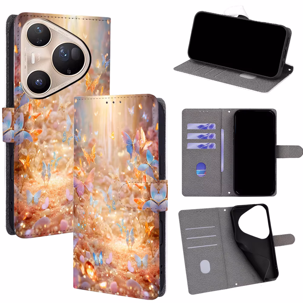 Colorful Butterfly Magnetic Flip Phone Cover for Huawei Pura 70 80 Ultra P20 P30 P40 P50E P60 Pro with Built-in Wallet