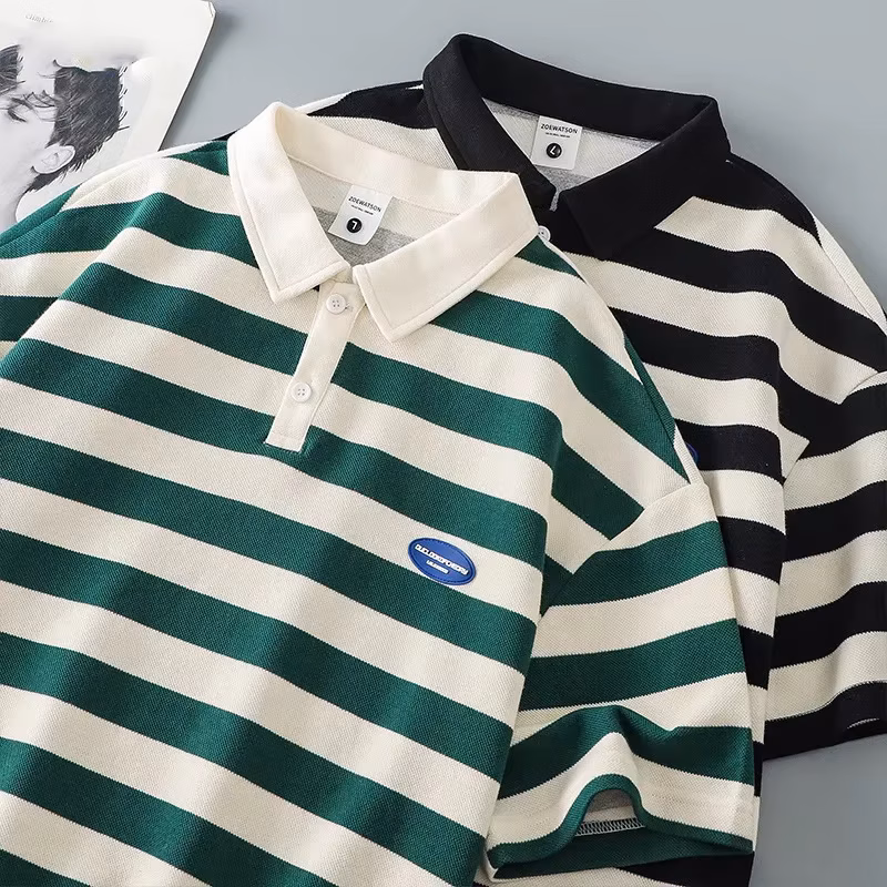2023 summer new fashion retro striped polo shirt street men and women handsome casual top personality short sleeve