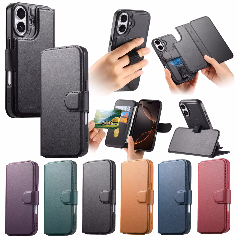 Trendy Leather Phone Cover for iPhone 16 Pro Max 15 Plus 14 Pro 13 12 Pro With Removable Magnetic Flip Wallet Card Case