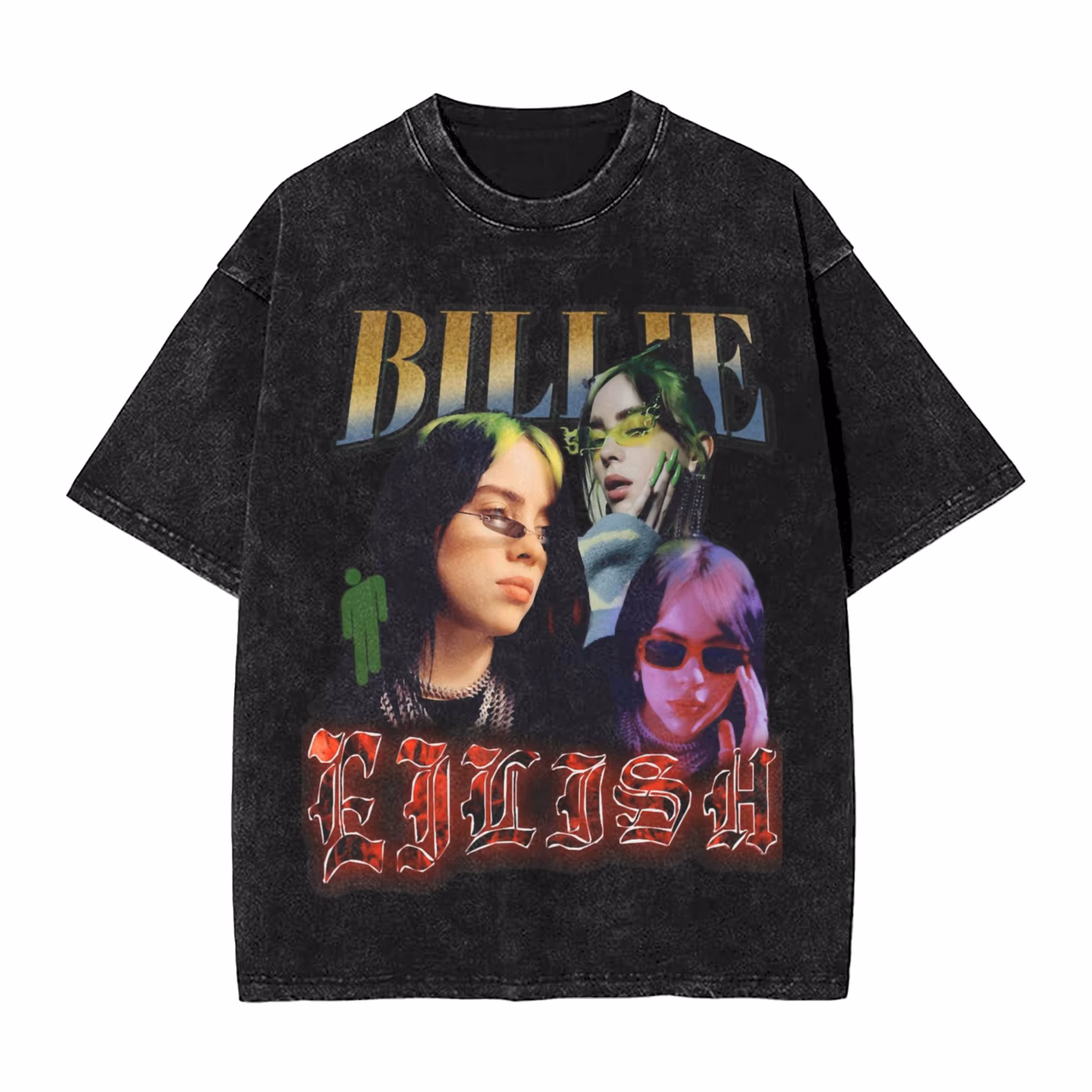 B-Billie-Girl E-eilish Vintage Washed T-Shirt Unisex 100%Cotton Clothes Hip Hop Concert Round Neck Short Sleeve
