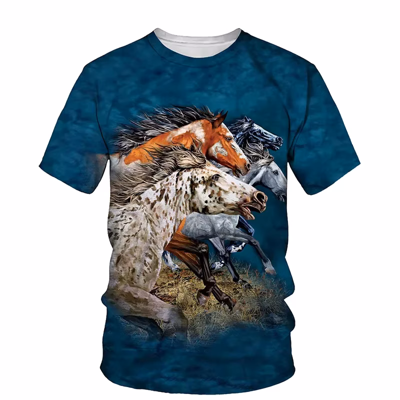 New Handsome Horse Graphic T-shirt Summer Animal Print Personality Hip Hop Men's Women's Children's Tops Breathable