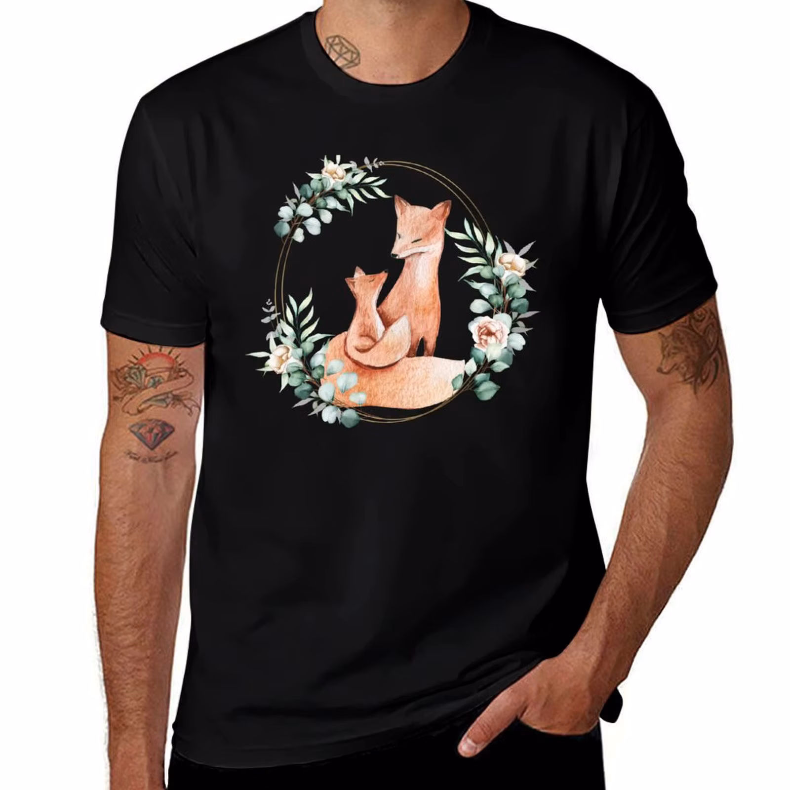 Mommy and Baby Fox in a Floral Gold Wreath Frame T-Shirt Non-Shrink Basic Cotton T-Shirt
