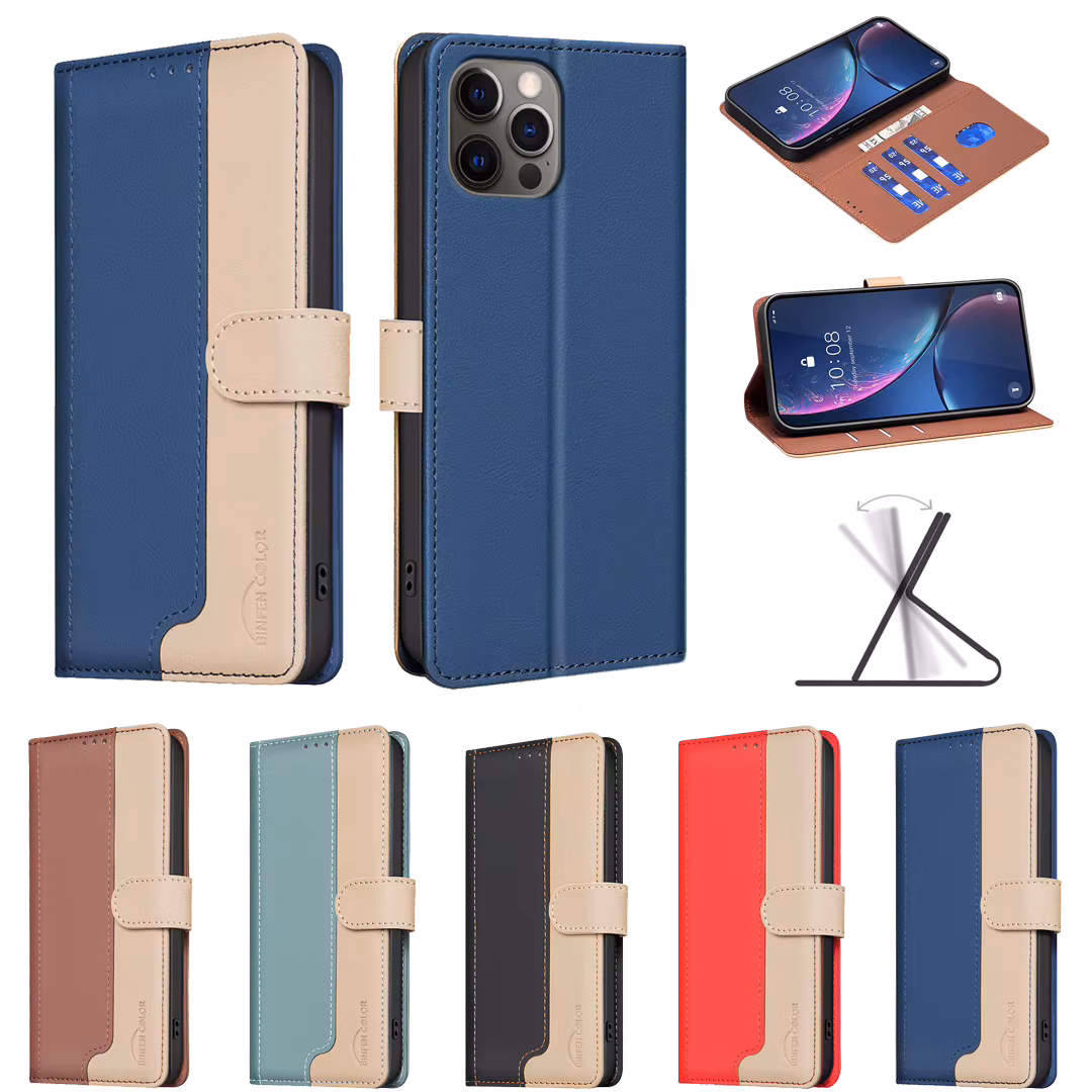 Contrast Color Flip Phone Cover For iPhone 16 15 Pro Max 14 13 12 Pro 11 XS Max XR 6 7 8 Plus SE4 With Built In Wallet