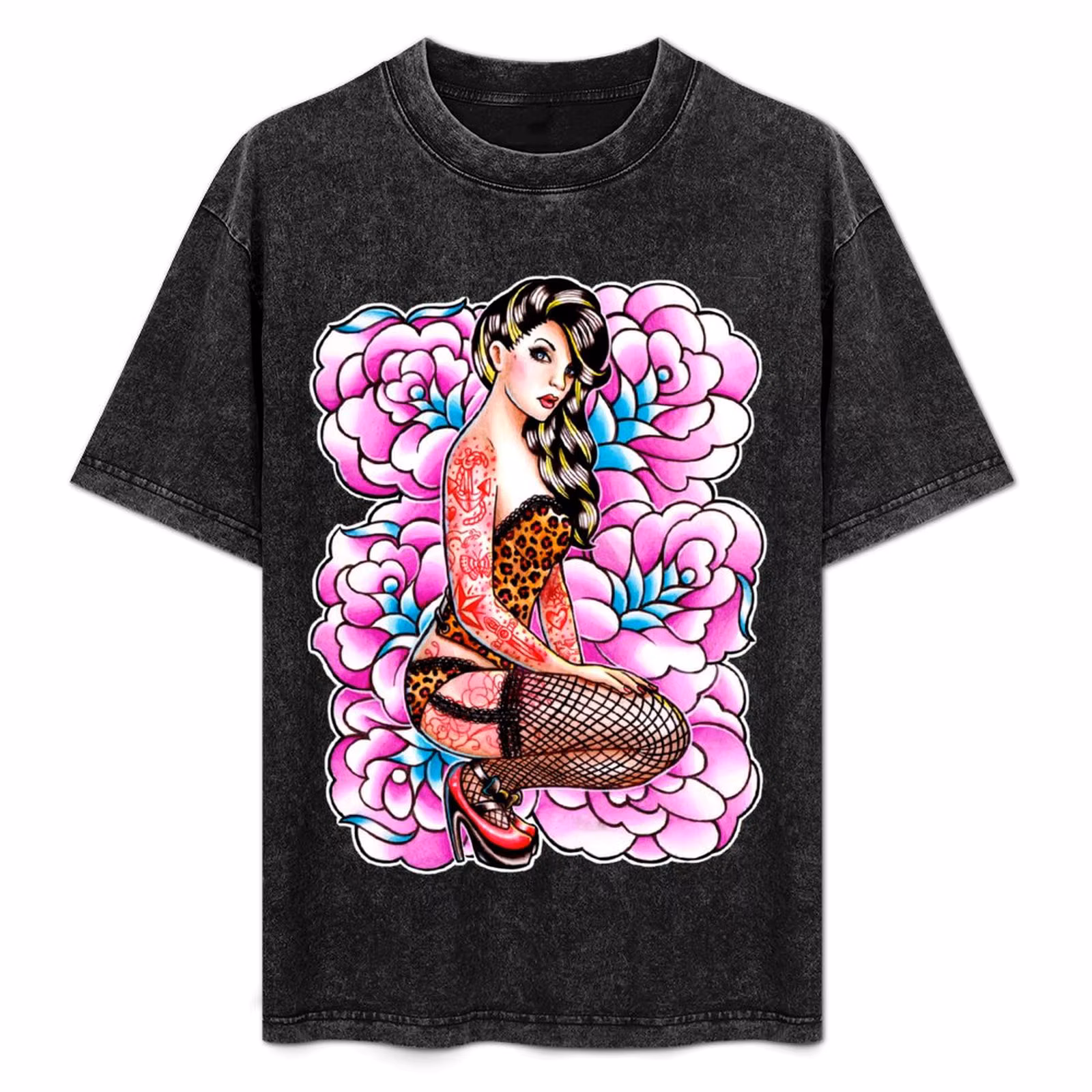 Tattooed Pin Up Girl with Roses T-Shirt Relaxed Casual Short Sleeve Tee