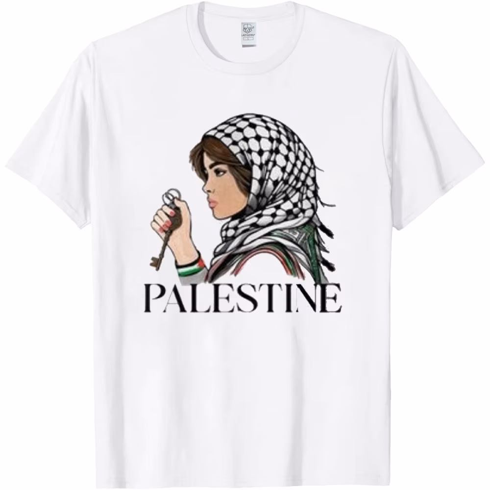 A Palestinian Girl with Keffiyeh in Head and Palestinian Key in Hand Printed T-shirt Tops Palestine T-shirt Street