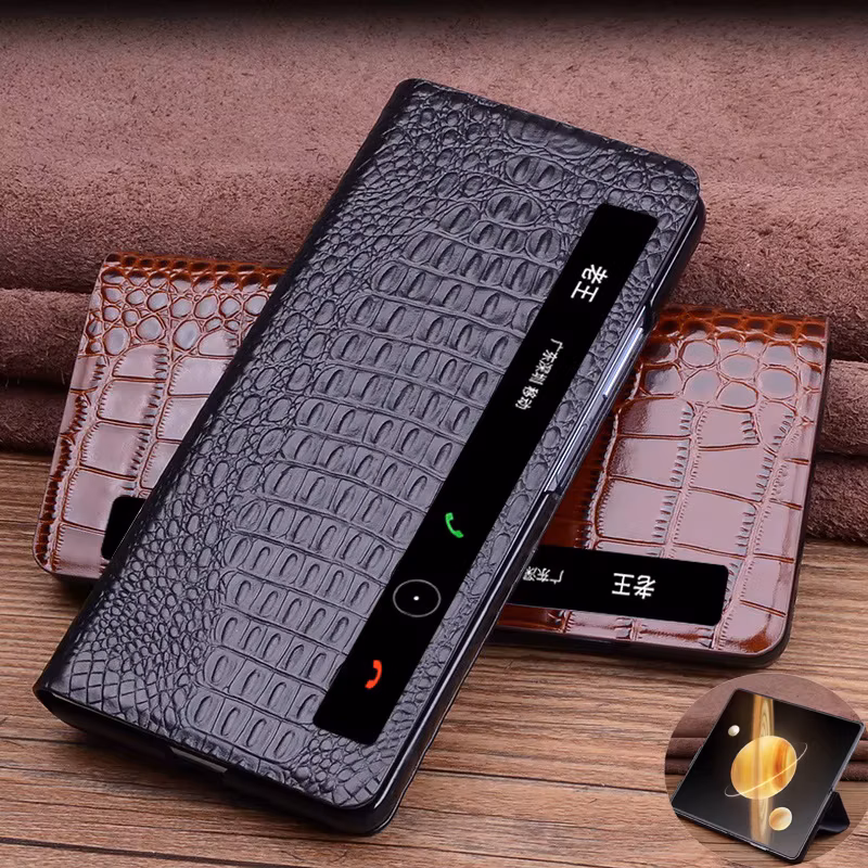 Retro Solid Color Genuine Leather Smart Flip Phone Cover For Huawei Honor Magic V3